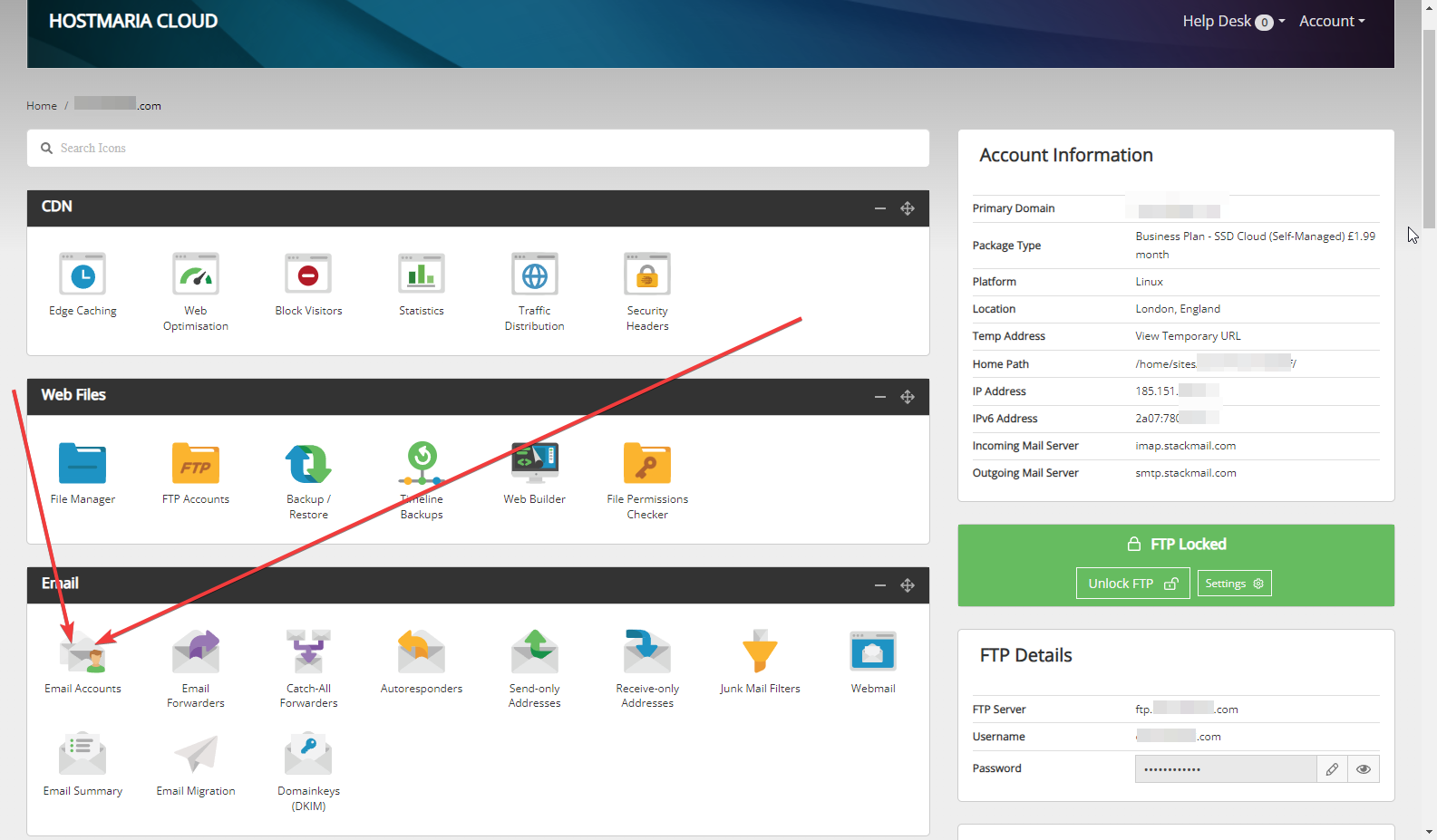 'Email' section at stackcp dashboard