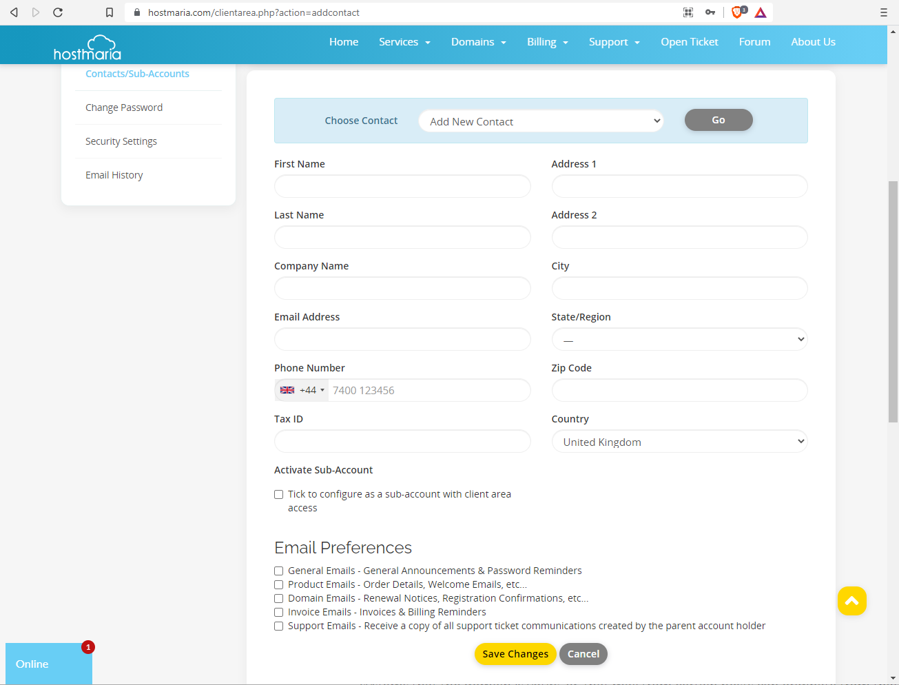 Contacts/Sub-Accounts Tab